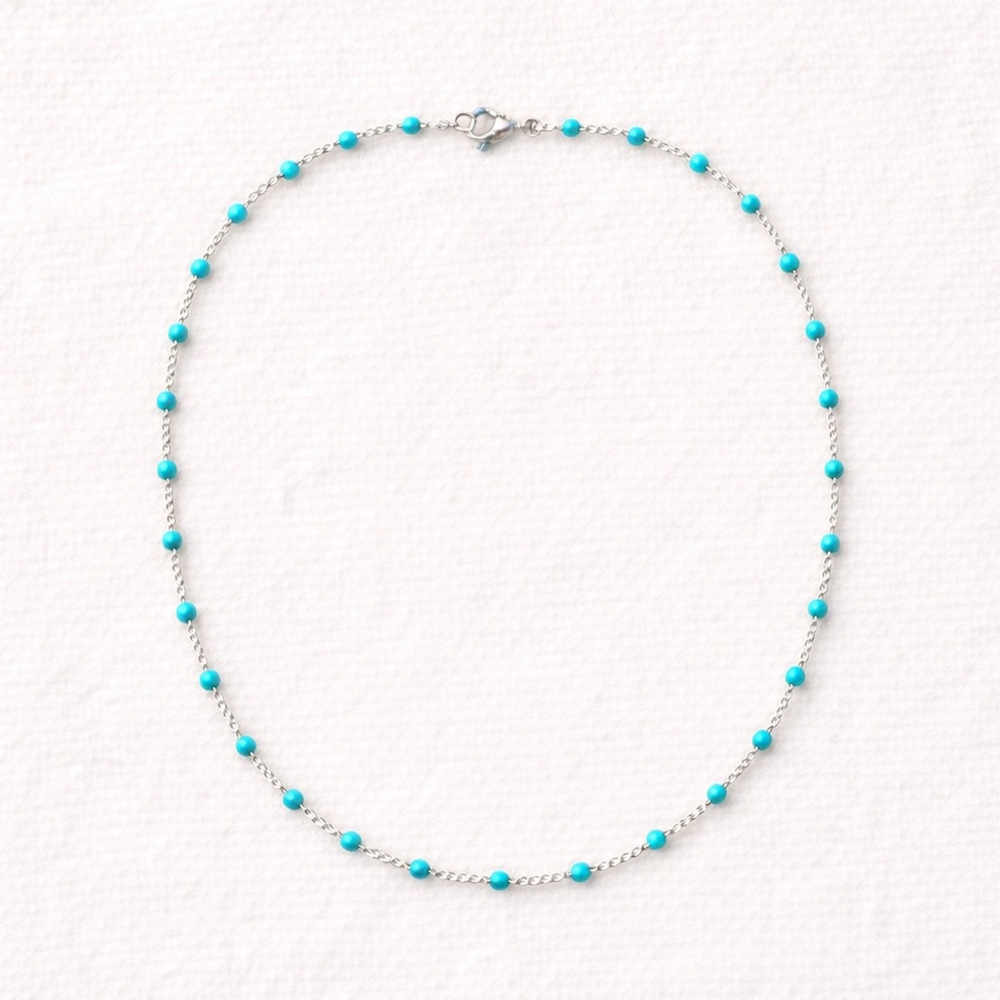 Necklace - 18” Stainless Steel Silver tone with turquoise color Bead Accents